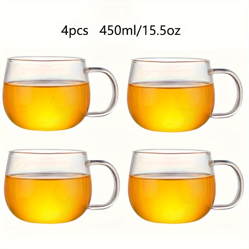 E-shop 4er-Set Tassen aus hochwertigem Borosilikatglas mit stabilen Griffen - Mikrowellen- & Gefrierschrankgeeignete, runde Kaffeebecher für heiße &