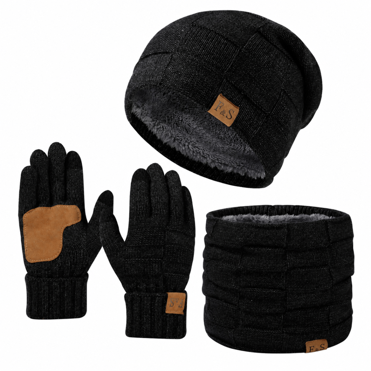 Image of Winter Warm Scarf Hat And Gloves Pair Soft Comfortable For Skiing Skating Camping Black, Without Battery