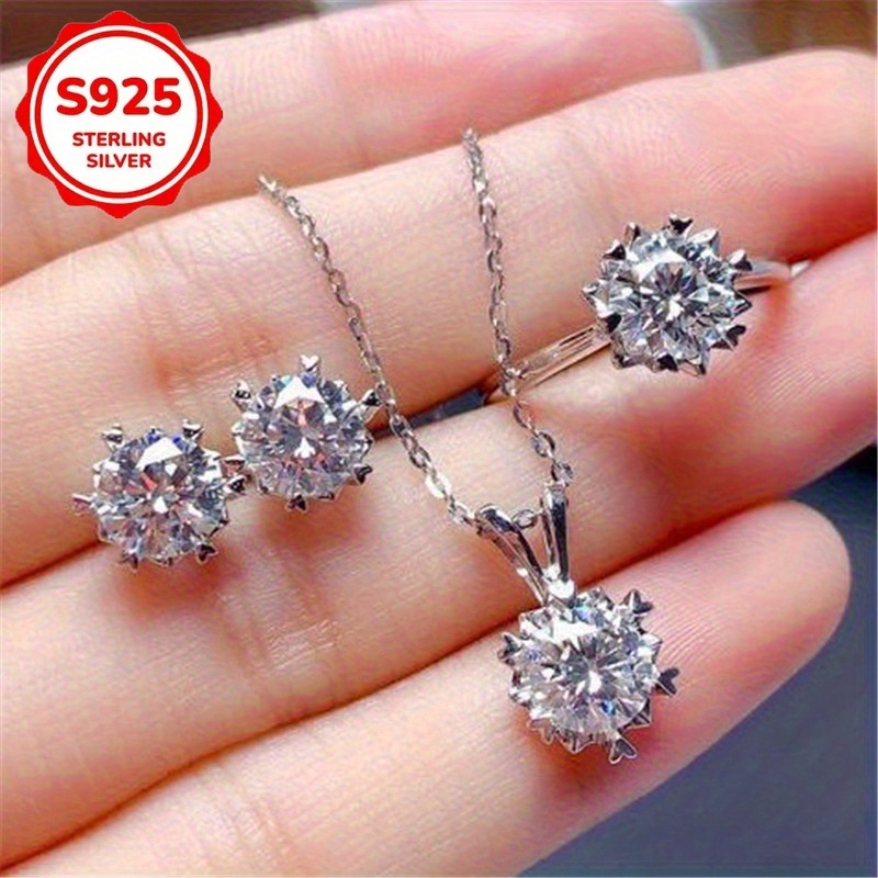 TEMU Ensemble de bijoux S925 en argent sterling comprenant un collier avec pendentif, des boucles d'oreilles et un bague, ensemble avec 3A, élégant,