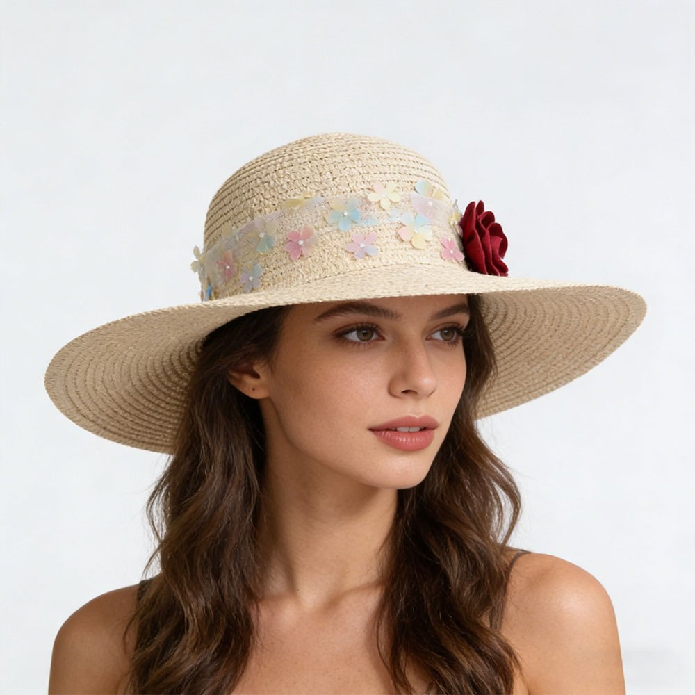 TEMU Women's Wide Brim Straw Sun Hat - 3d Satin Red Rose With Band Soft Brim, Foldable Lightweight Breathable, Beach Travel Vacation Bohemian Style
