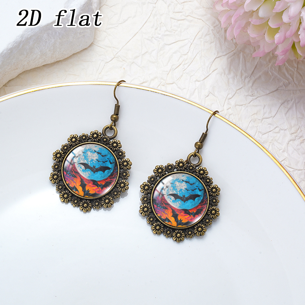 Blue Tone Full Moon Night Bat Cluster Pattern Earrings