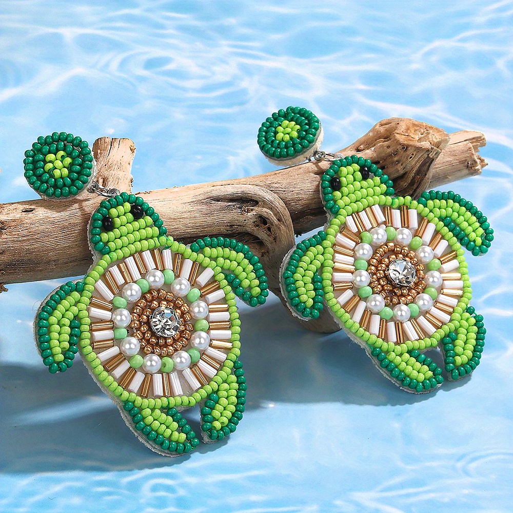 Image of 1 Pair Of Summer Ocean-themed Hand-sewn Seashell And Turtle Rice Bead Earrings - Simple, Elegant, Versatile, For Women, Couples, Students, Sparkling, Girly, Dangling Jewelry