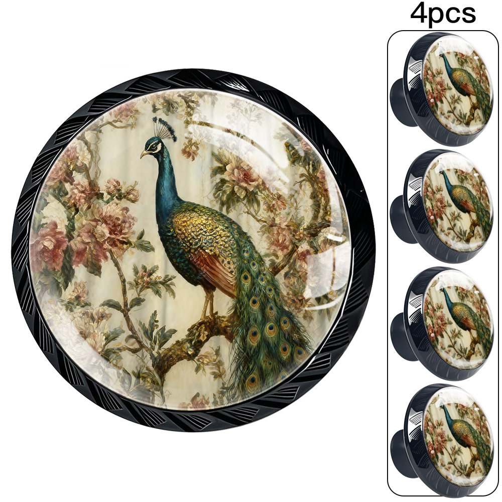 TEMU Set Of 4 Vintage-style Peacock Floral Round Drawer Pulls, European Artistic Cabinet Door Handles, Home Decor Hardware Additions, Luxurious And