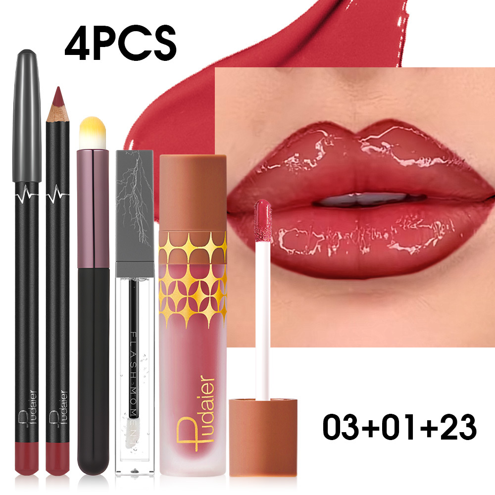 Image of Pudaier 4pcs Summer Lip Makeup Set: Lip Gloss + Clear Lip Oil + Lip Liner + Round Lip Brush, , Waterproof Long Lasting, Gift For Mom Girlfriend Women Makeup For Women