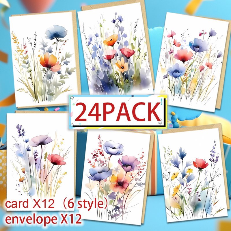 

24pcs(12 Envelopes + 12 Cards) Watercolor Floral Greeting Cards With Envelopes - Celebration, , , New Year, Thank You Cards For Any To Family Friend Gifts