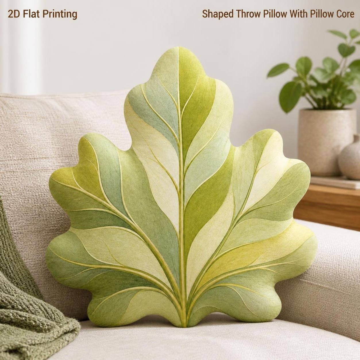 TEMU Coussin décoratif de feuille d'orme vert sauge pour de la nature, impression 2D plate, oreiller rembourré pour chambre à coucher, canapé, salon,