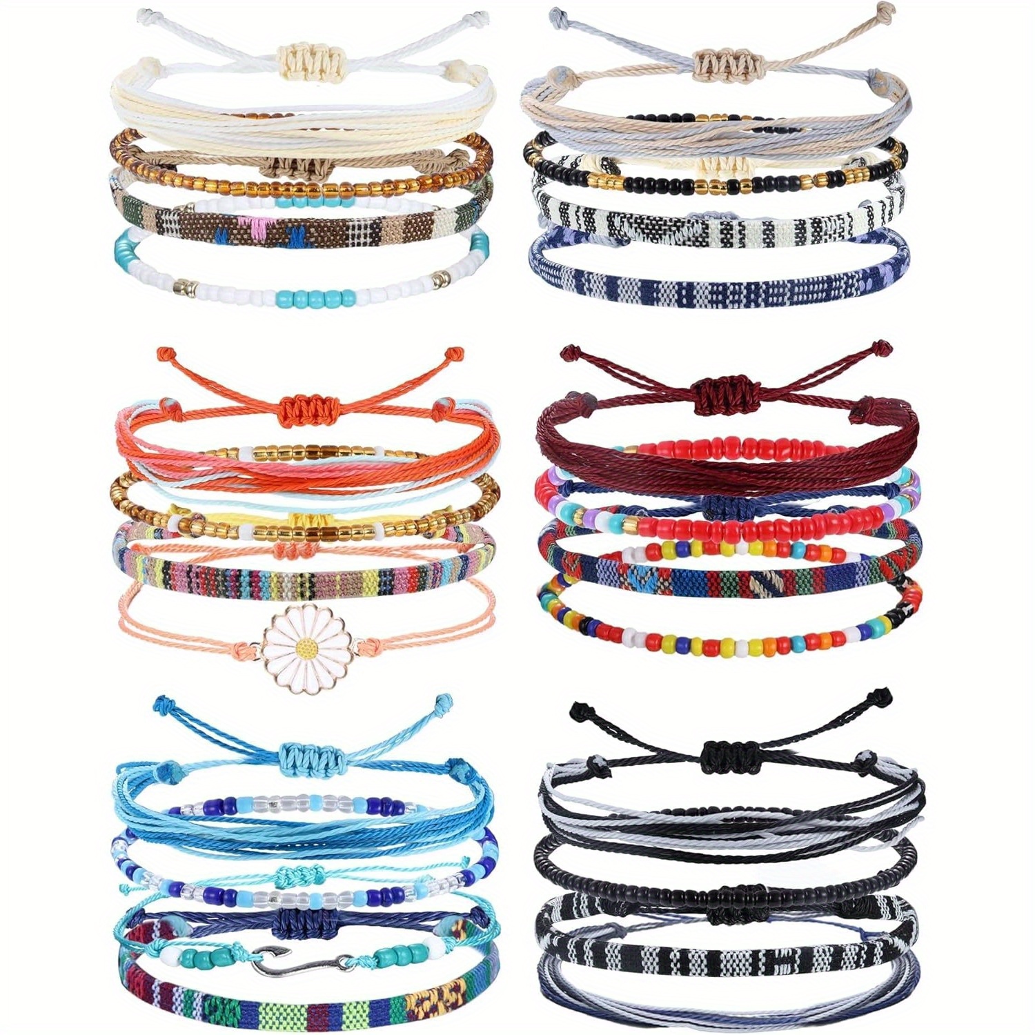 Image of 9pcs Bohemian Braided Bracelets Set For Women Men, Waterproof Layered Rope Woven Cuff Bracelets, Handmade Sunflower Fish Hook Charm Bead Wristband, Boho Summer Beach Jewelry Gift