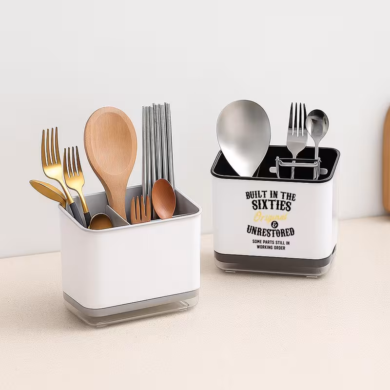 print kitchen utensil organizer cute utensil holder with spatula slot spoon fork compartments durable plastic countertop storage for farmhouse sink space saving black white utensil organizer for spoons knives spatulas Product details 2