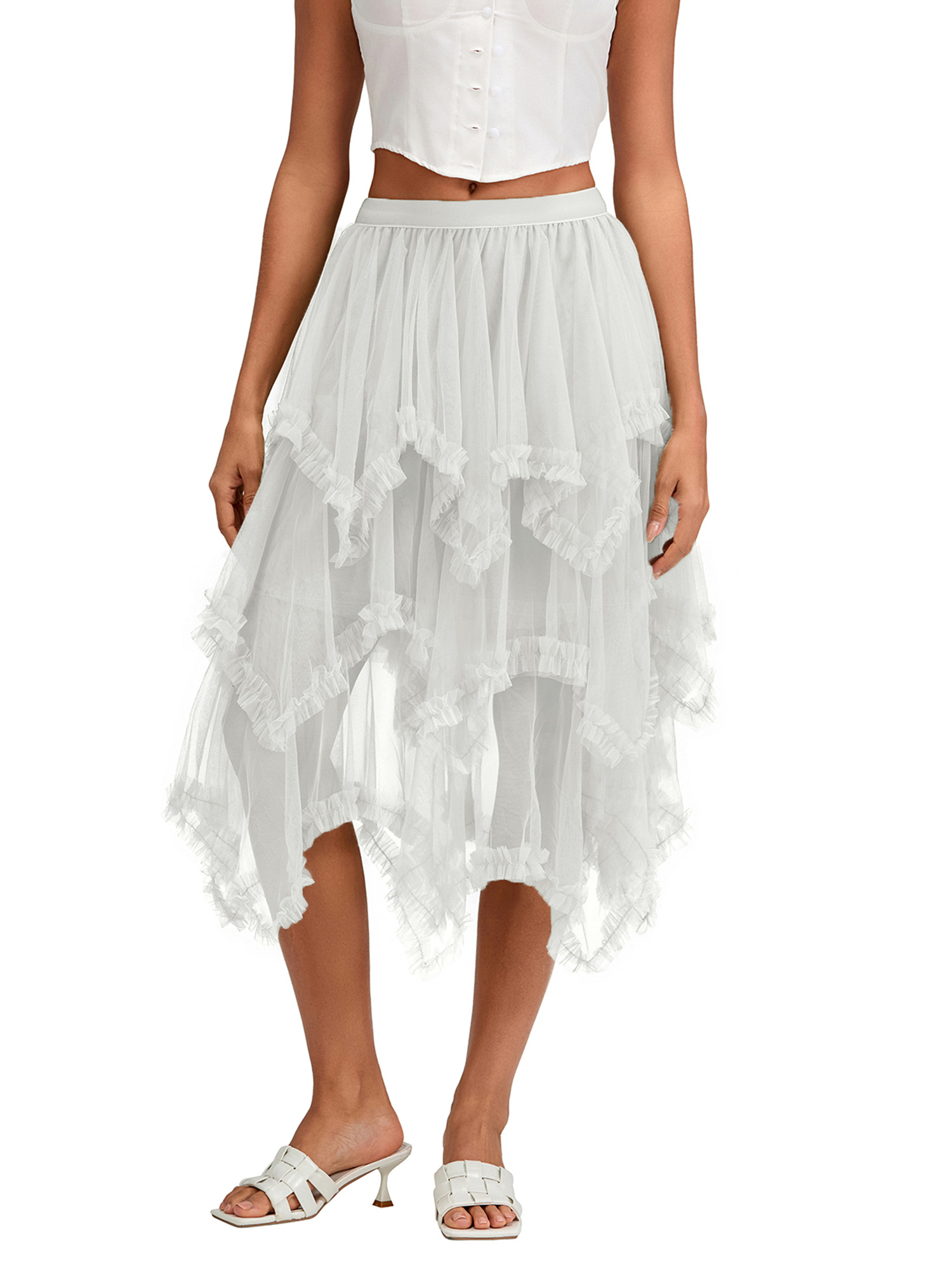 スカート DOT VOLUME TULLE SKIRT - WHITE White Tulle Midi Skirt – Puffy A-line Skirt With Cotton