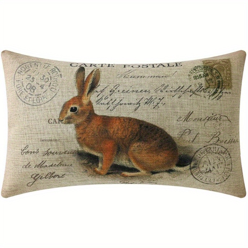 

1pc Vintage Rabbit Throw Pillow Cover, Linen Decorative Cushion Case, Farmhouse Easter Decor, Woven Zippered Pillowcase, 18x12 Inches, With Hand Wash Sofa, Bedroom - No Insert