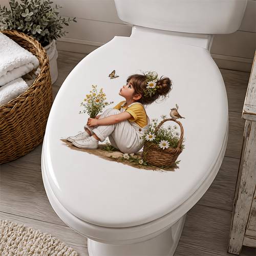 . kleines mädchen mit blumenmuster toilettenaufkleber, wasserspülkastenaufkleber, badezimmerdekoration, lustige toilettenaufkleber, wanddekoration, heimdekoration, zur verbesserung der gesamtästhetik ihres zuhauses
