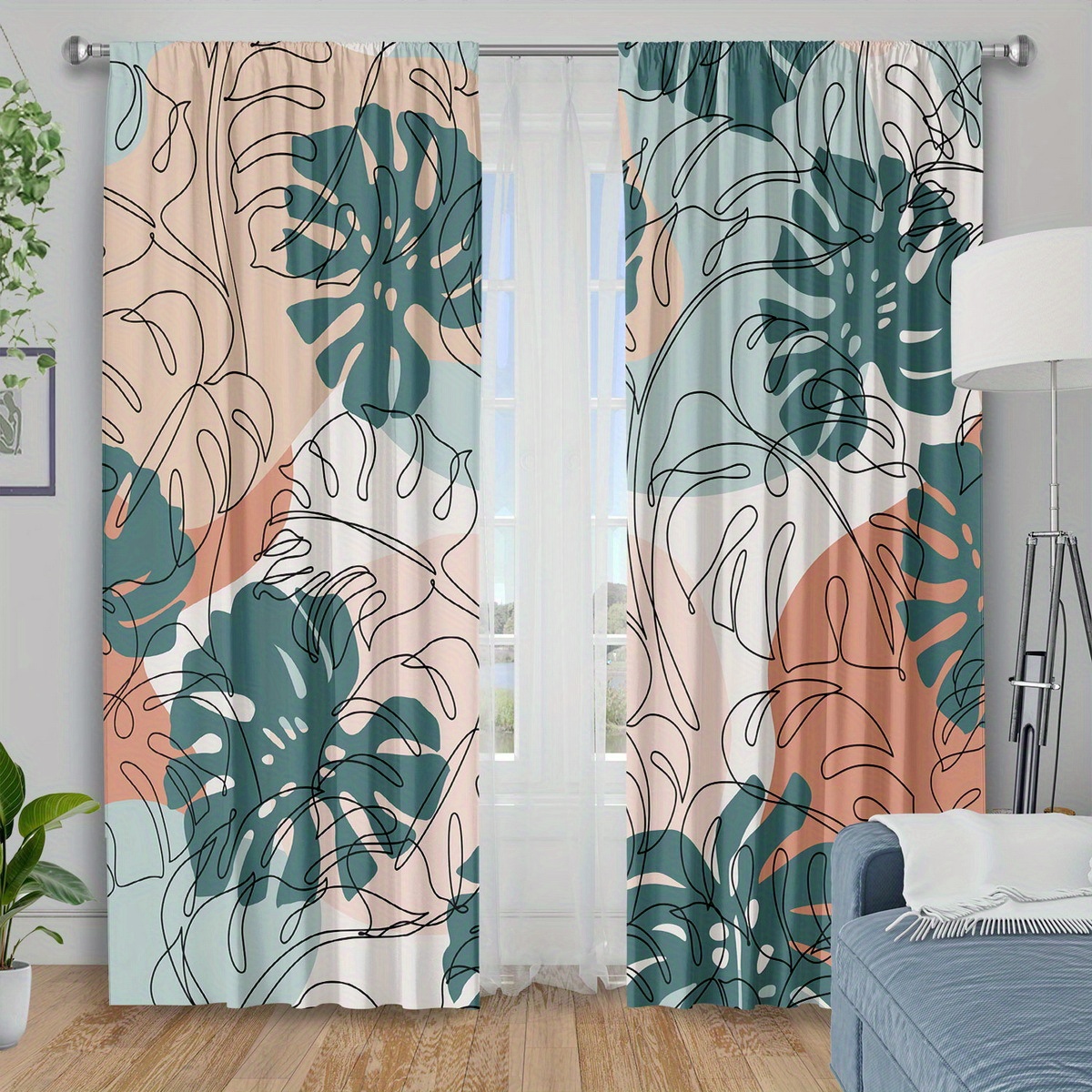 TEMU 2pcs Curtain Fabrics Abstract Line Art Monstera Leaf Printed Curtainsinsulation Blackout Curtains For Bedroom Kitchenbedroom Living Room Decor