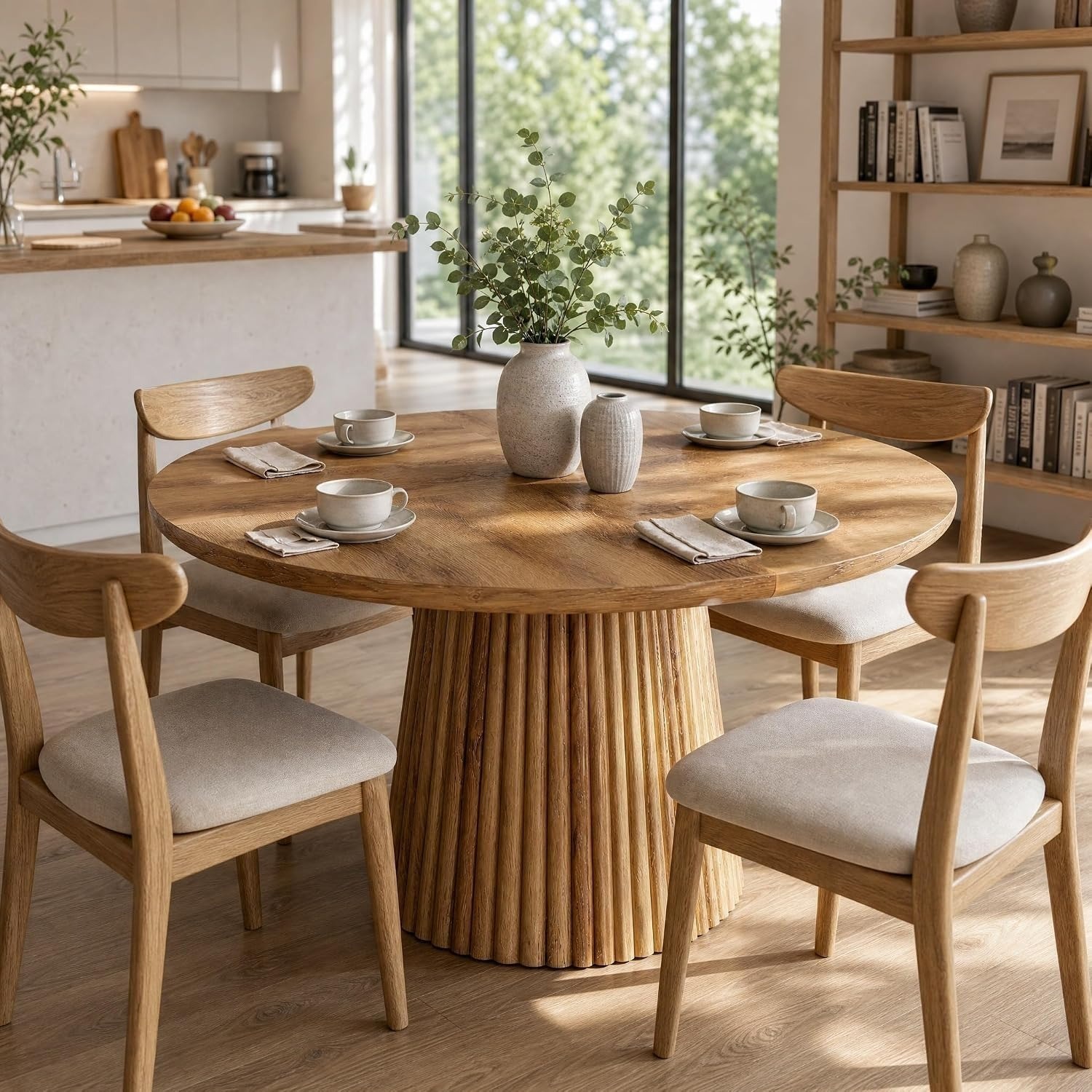 47' Round Dining Table For 4-6 People, Farmhouse Circle Kitchen Table With Heavy Duty Fluted Pedestal Base For Dining Room, Kitchen, Living Room (table )