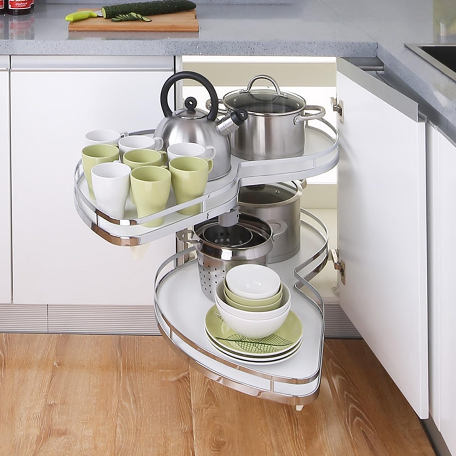 Image of Swing Left Blind Corner Cabinet Pull Out Organizer, 2-shelf Deep Cabinet Slide Out Organizer 2-tier Slide Out Cabinet Organizer Lazy Susan Organizer (30inch-left Out)