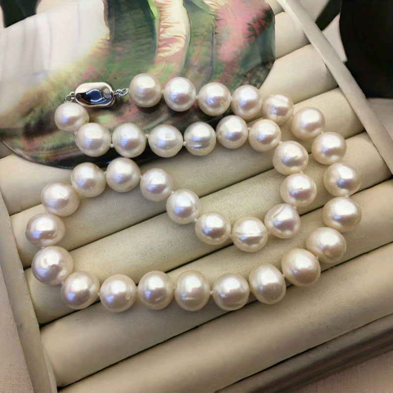 TEMU Elegant Large White Natural Necklace For Women - A Long, Strand Of Smooth, Spherical Freshwater Pearls. Featuring A