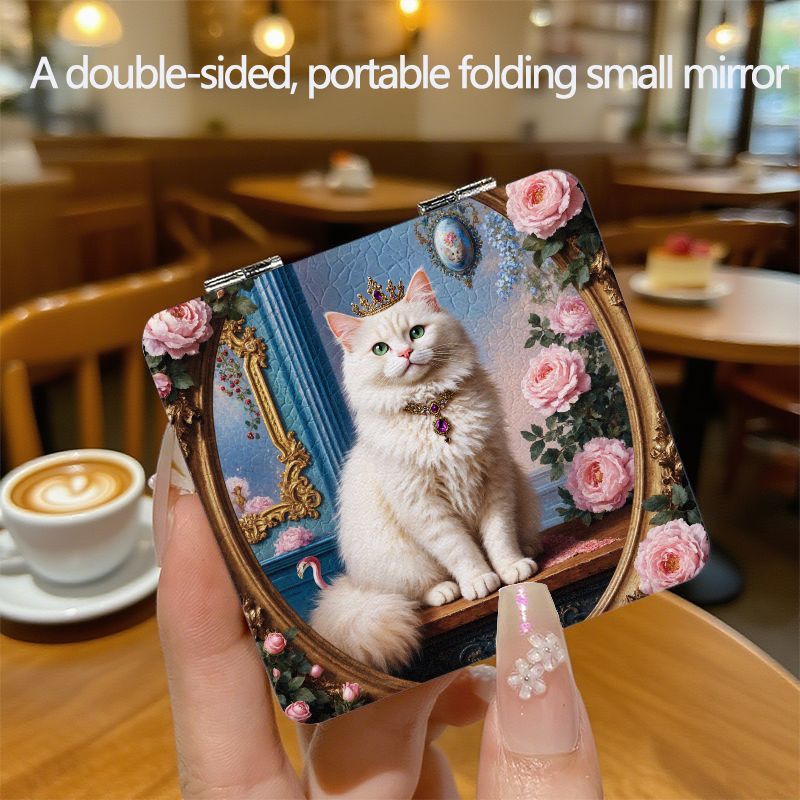 TEMU Portable Folding Double - Sided Handheld Mirror With Pink Roses And Green Leaves, White Cat With Crown Necklace Painted Central Scene, Blue -