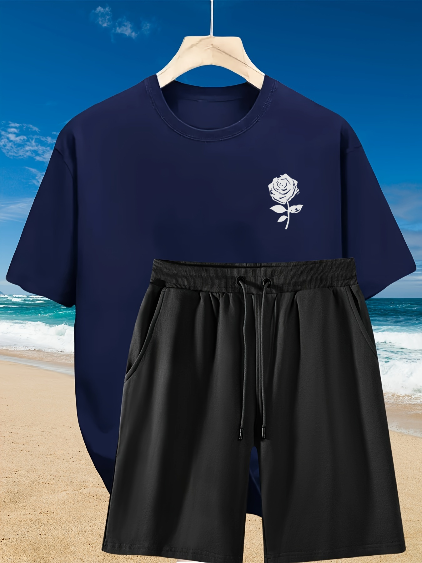 2pcs Men'S Summer Casual Outfit: Relaxed Fit Cotton T-Shirt & Drawstring Shorts Set - Floral Graphic Printed - Sporty, Comfortable, Beach-Ready, Summer Shorts, for Daily & Weekend Casual Wea