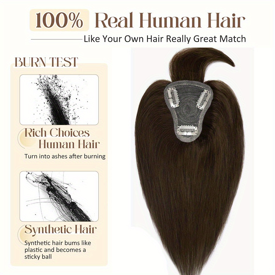   2 dark brown straight human hair topper with bangs for women real human hair toppers for thin hair 8inch 10inch hairpieces details 4