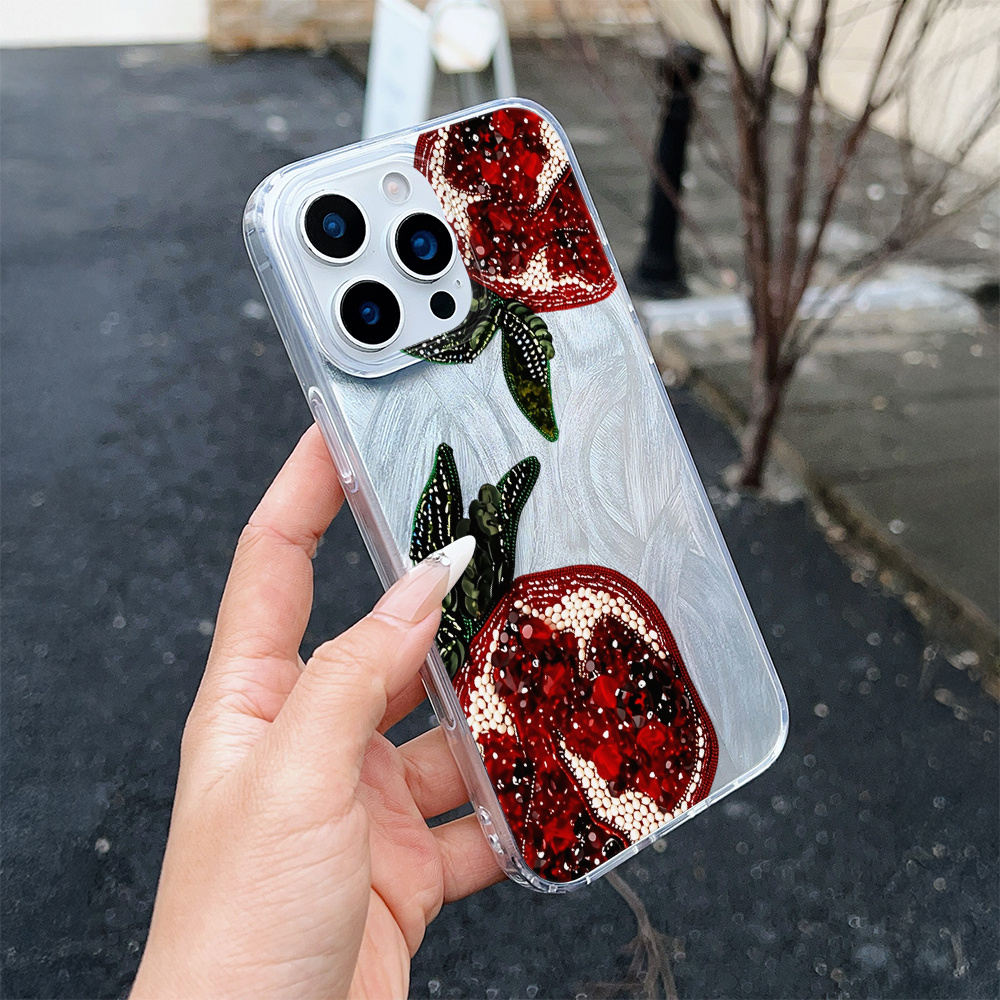 TEMU Phone Case - 1pc Red Gemstone Pomegranate Feather Phone Case, For Iphone 16 Pro Max, 15, 14 Plus, 13, 12 11, Fruit Pomegranate Pattern Anti-fall