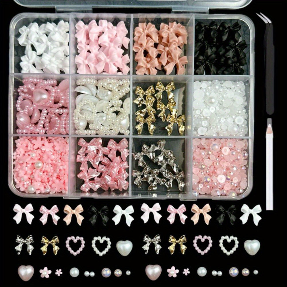 

Mixed Bow Nail Ornaments Resin Hollow Pearl Wearable Nail Accessories Diy Set