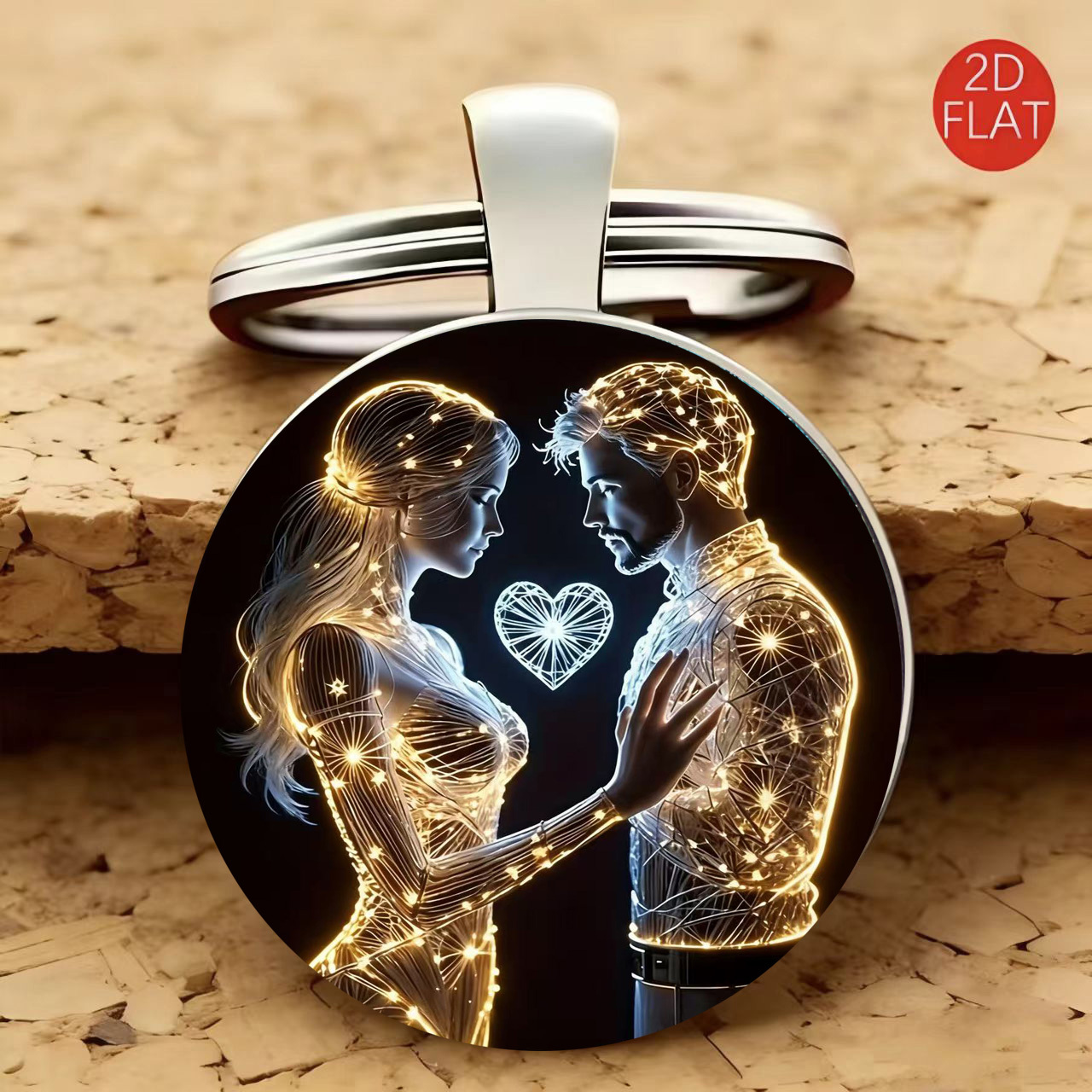 TEMU 2d Flat Light And Shadow Lover Pattern Keychain Fashion Decoration, Round Glass, Alloy Keychain, Unisex, Suitable For Bags, Keys, Anniversary