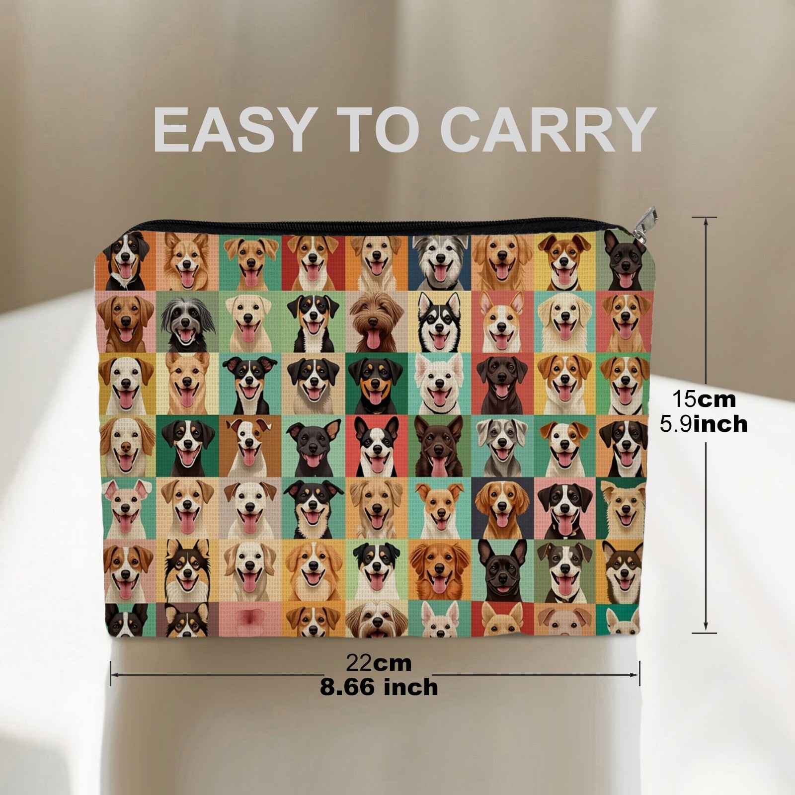 TEMU 1pc 1pcs Vibrant Grid Colorful Dog Print Cosmetic Bag - Double-sided Suitable For Travel & Daily Use, Portable Toiletry Organizer With