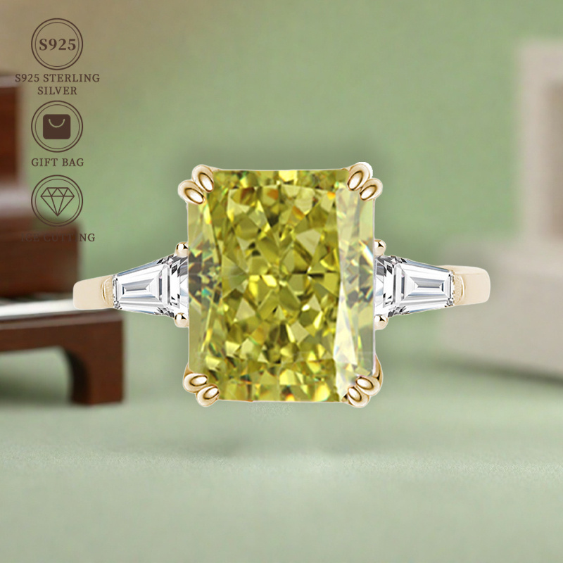 TEMU S925 Sterling Silver Rectangular Green Synthetic Cubic Zirconia High Carbon High Quality Cut Ladies Ring Fine Jewelry