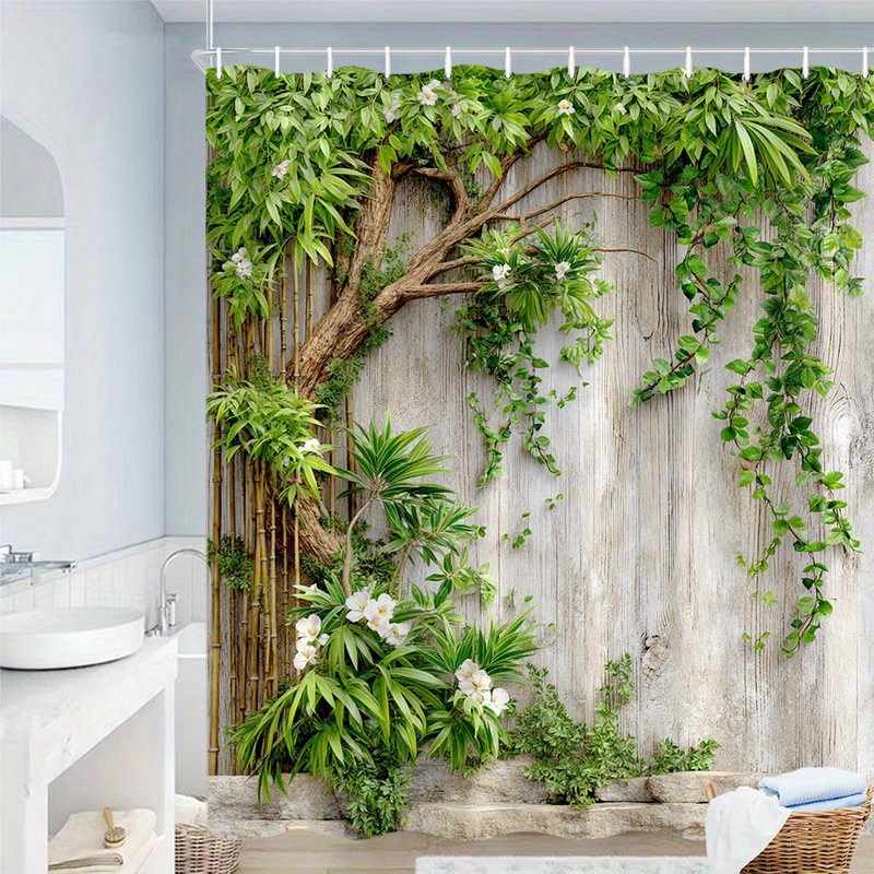 TEMU 1pc Extra Large 70x70 Inch Shower Curtain - Bathroom Decor With Fence, Green Vines, Banana Leaves & Floral Accents - Machine Washable Polyester