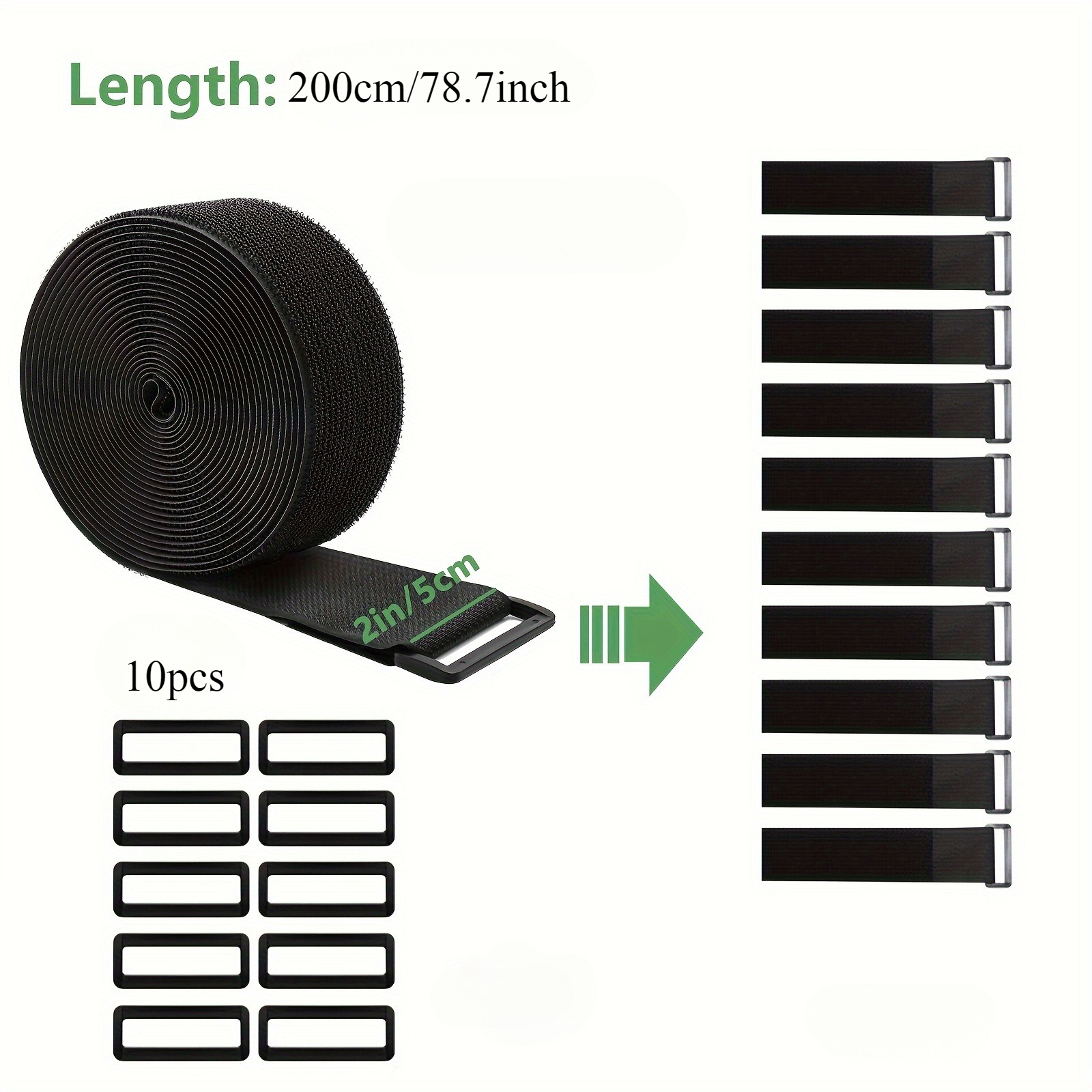 TEMU 200cm Double-sided Adhesive Tape + 10 Plastic Buckles, Reusable Fastening Cable Ties Cut To Length, Hook And Loop Cable Ties, Straps For