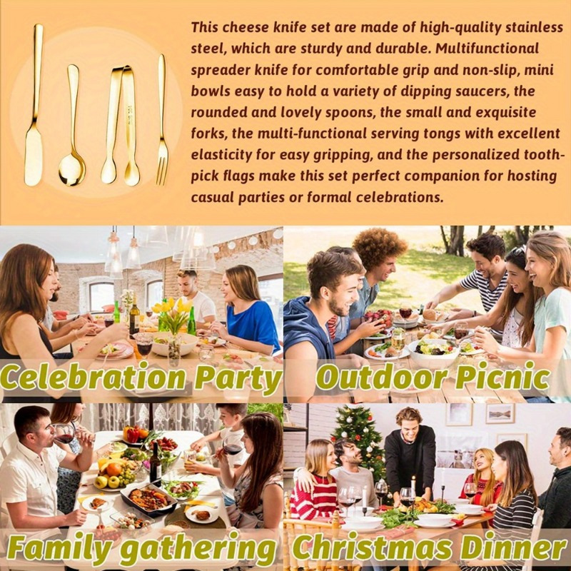 stainless steel knife fork and spoon set cheese and butter spreading knife set with cutting board   cutlery toothpicks and flags suitable for outdoor   and pastry making Product details 3