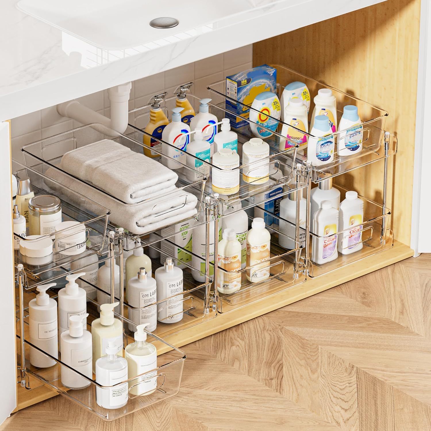 

4pcs Plastic Pull-out Bathroom Rack, 2-story Individual Storage Rack, Transparent Medicine Cabinet Organizer, Dresser, Kitchen With Sink Storage Box