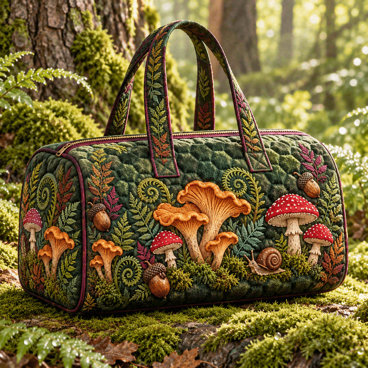 TEMU Woodland Mushroom Quilted Tote Bag, , Red Spotted Caps, Ferns, , Moss And A Snail With A Forest Visual, Large Capacity Tote, Fabric Tote Bag,