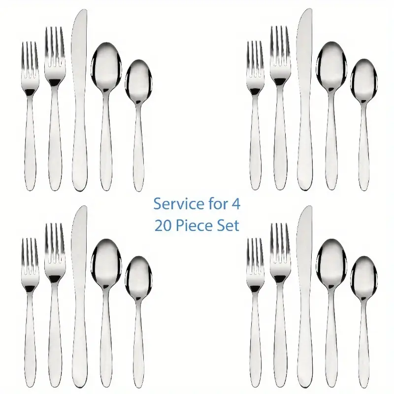 20pcs stainless steel silvery flatware set service for 4 adults, dining essentials, home dining, stylish utensils, modern flatware, rustresistant material, durable cutlery, dinnerware set, silverware collection Product details 1