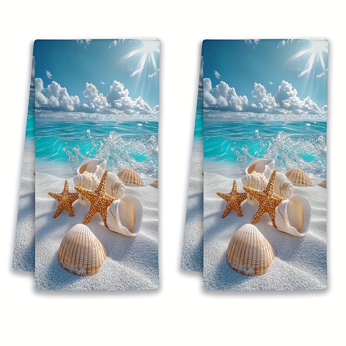 TEMU 2pcs Bathroom Ocean Starfish Shell Pattern Kitchen Towel Set, Soft And Absorbent, 16x24inch Dish Towels, Suitable For Farmhouse-, Bathroom, And Accessories
