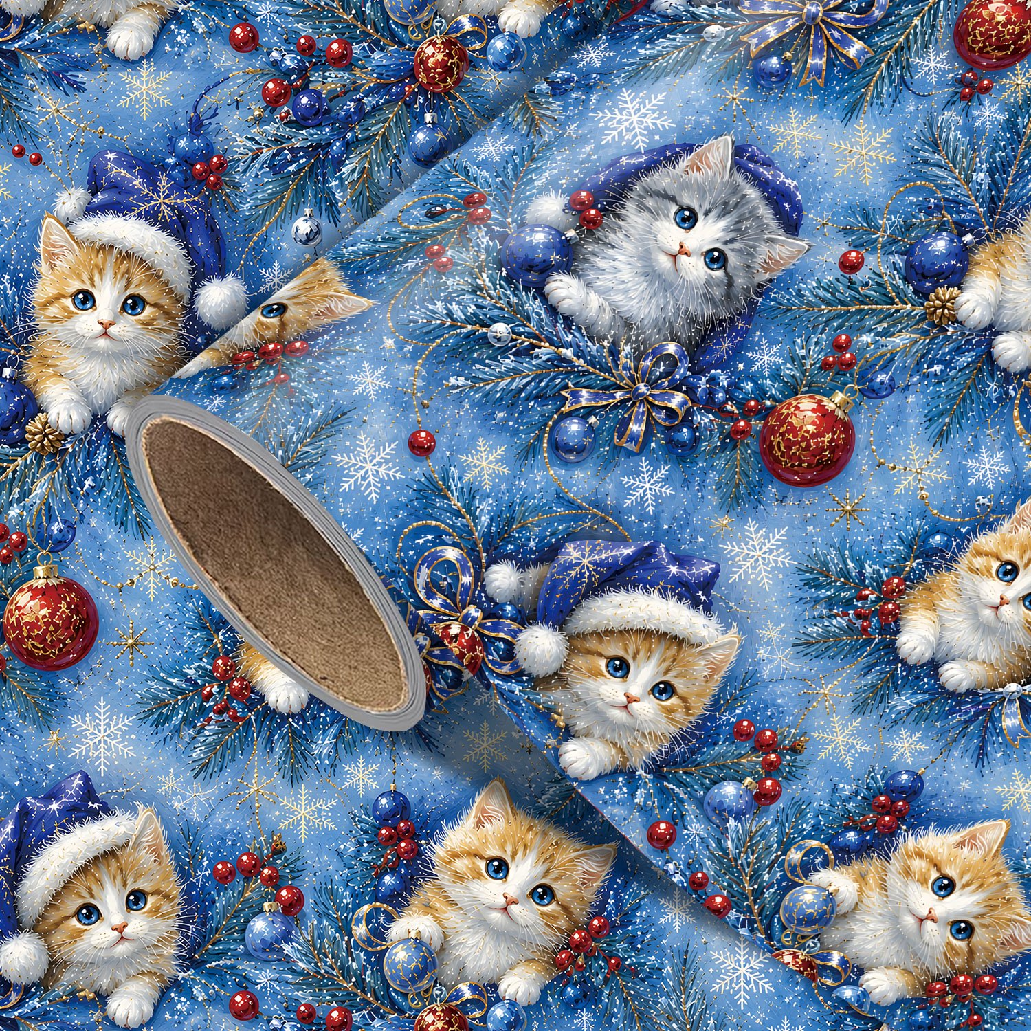 TEMU 1 Rouleau de Papier Cadeau de Noël Chat Bleu, 17.7In X 118In, Papier Cadeau de Noël Chaton avec de Neige et Ornement pour Cadeaux de Fêtes,