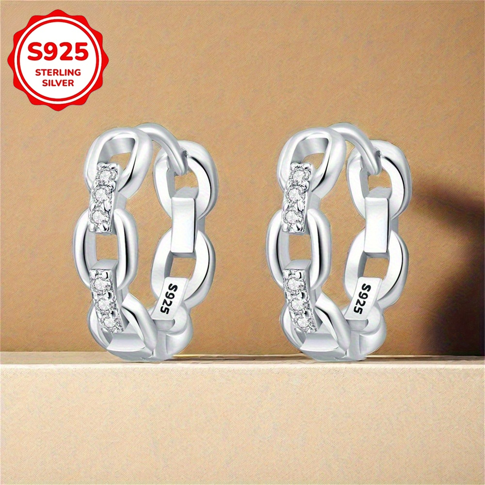 TEMU Genuine 925 Sterling Silver Hollow Chain Hoop Earrings - Luxurious Fashion Jewelry With Stone Inlay For Daily And Holiday Wear - Women's Elegant
