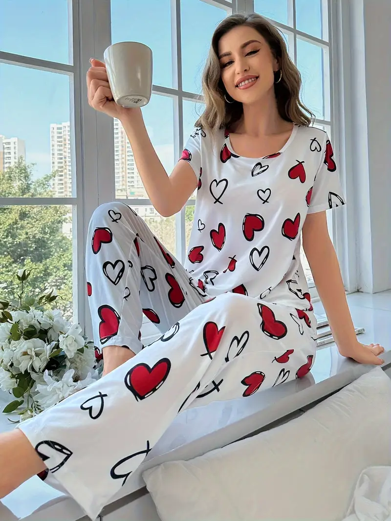 3 sets of 6pcs womens casual polyester white pink top and long pants pajama set heart print fabric short sleeve top with trousers casual loungewear sexy outside Product details 8