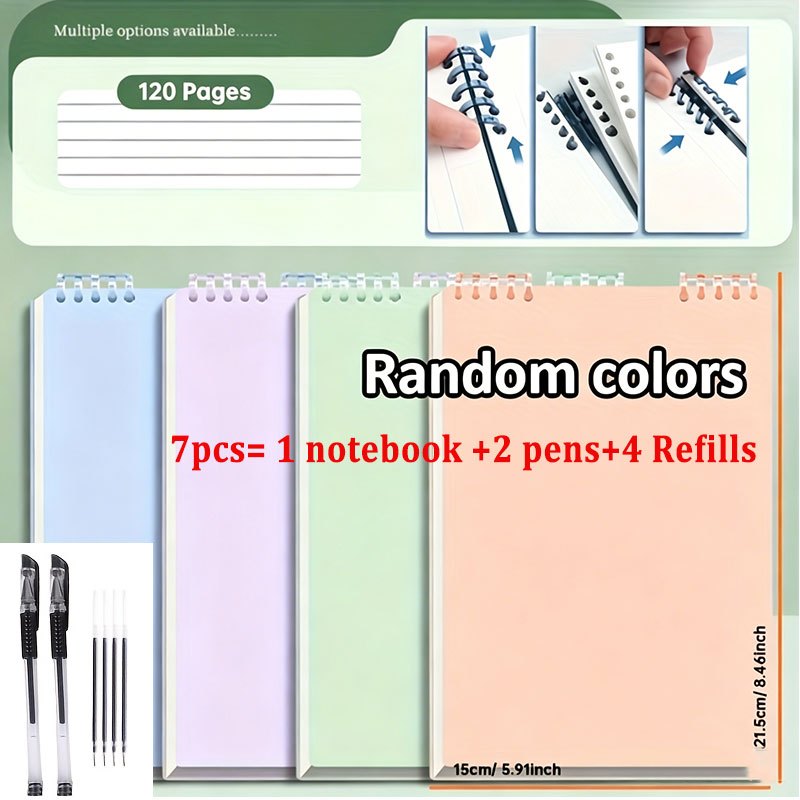 TEMU Ensemble de 7 pièces, comprenant un cahier spiral à couleur aléatoire, 2 stylos et 4 recharges, 60 feuilles de livres universitaires de haute