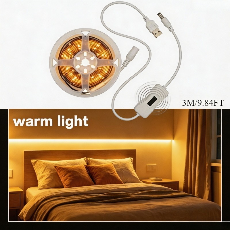 TEMU -sensing Led Strip Lights With Sensor & Self-mounting - Usb-powered Warm White Lights Suitable For Bedrooms, Kitchens, Stairs, Christmas