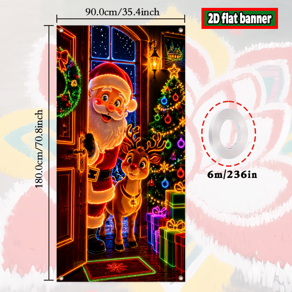 TEMU Plat 2D, Bannière Plate 2D, 1 pièce, Bannière Fluorescente UV sur le Thème de Noël à Motif Père Noël et , Décoration d'Événement sur le Thème de