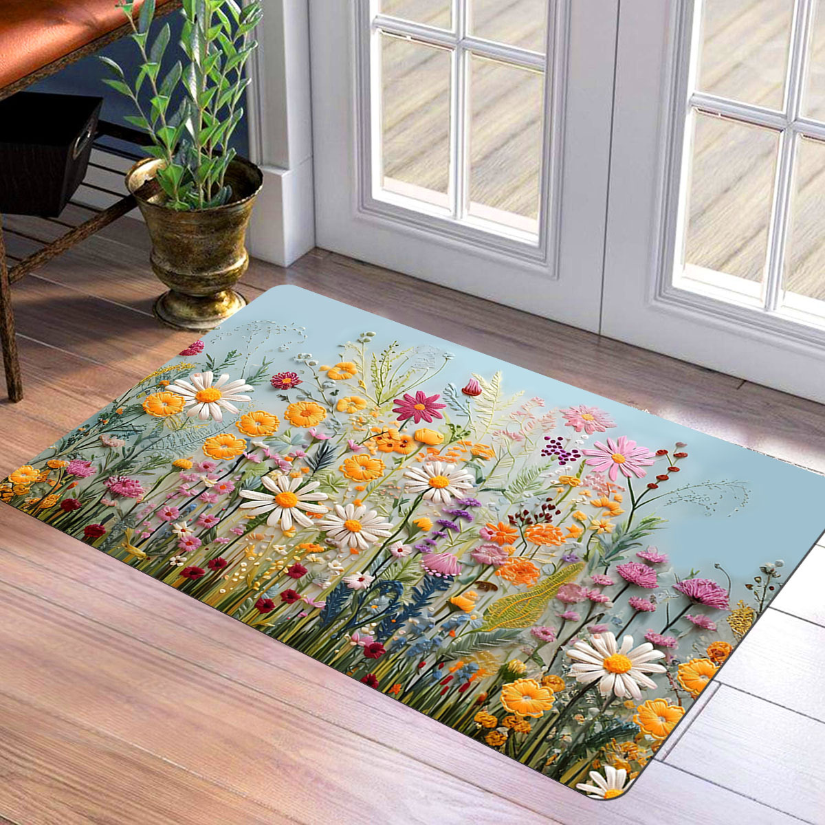 

Floral Print Polyester Doormat, Non-slip, Stain Resistant, Lightweight, Washable, Machine Made Rectangular Floor Mat With Indoor/outdoor, Kitchen, Balcony, Hallway