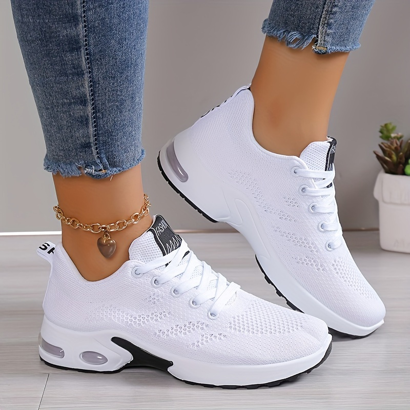 new womens black white breathable mesh low top sneakers with shock absorbing pu air cushion anti slip rubber sole anti odor technology modern lace up casual sports   day   slipresistant footwear  able   everyday footwear durable construction daily wear details 2