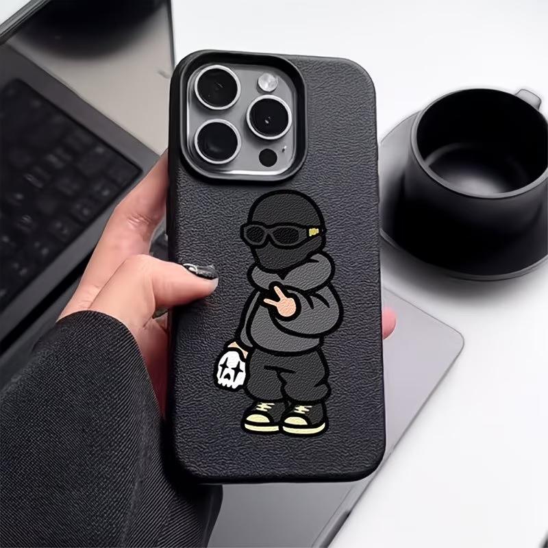 TEMU Phone Case: 1 Cool Masked Boy With Glasses Streetwear Brand Pattern Full-coverage Tpu Lychee Texture Phone Case, Suitable For Iphone 17 16 15 14