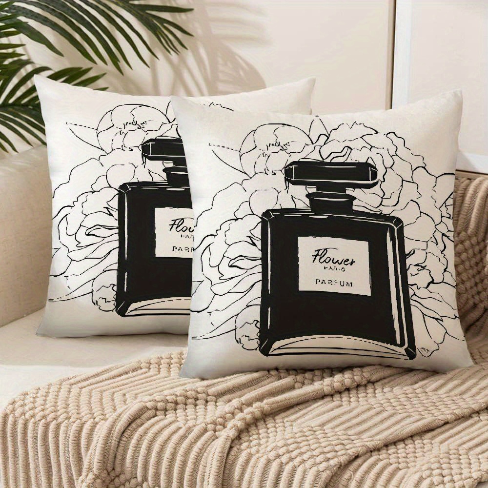 

Chic Black Perfume & Roses Printed Throw Pillow Cover - Polyester, Zip Closure For Living Room Decor, Outdoor, Pillow