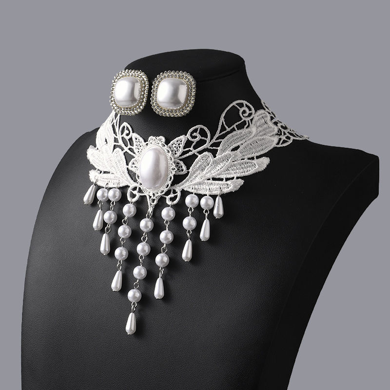 3pcs Gothic Elegant White Necklace Earrings Women's Set, Sweet Lace Neck Tie Necklace Elegant Party Role Playing Stage Matching Jewelry Necklace, Women's Holiday Gift Dress Up
