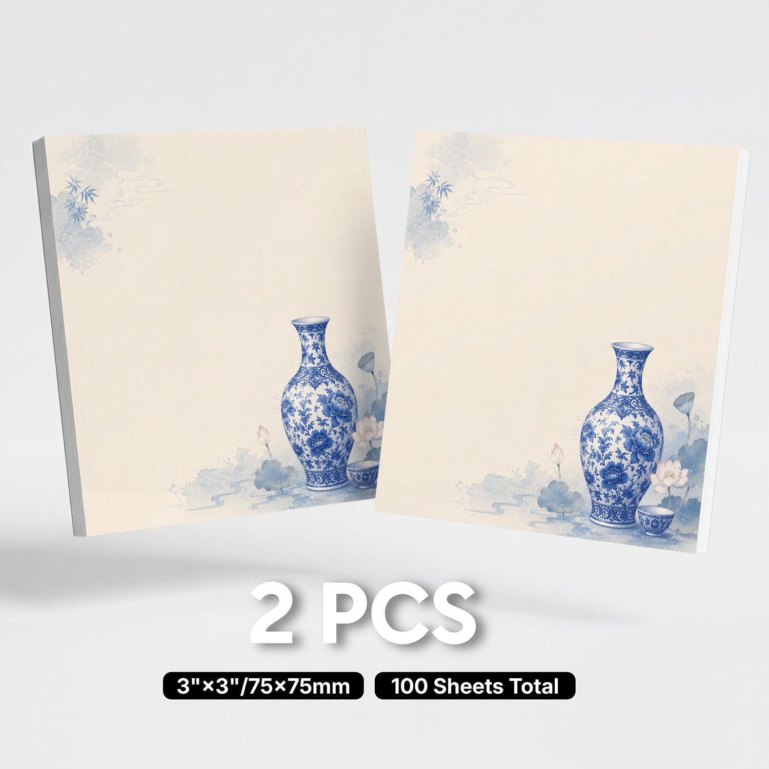 TEMU 2pcs Chinese Blue Porcelain Vase Sticky Notes Suitable For Office & Home, Traditional For Lotus Flower & Ink Landscape Self-adhesive Memo Pads,