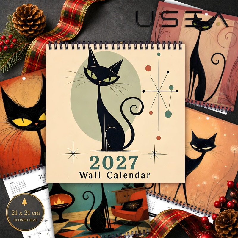 TEMU 2027 Wall Calendar, 1pc 2027 Wall Calendar, Mid-century Black Cat Design, 8.3x8.3 Inch Square, Twin-wire Spiral, Hanging Wall Decor, Ideal