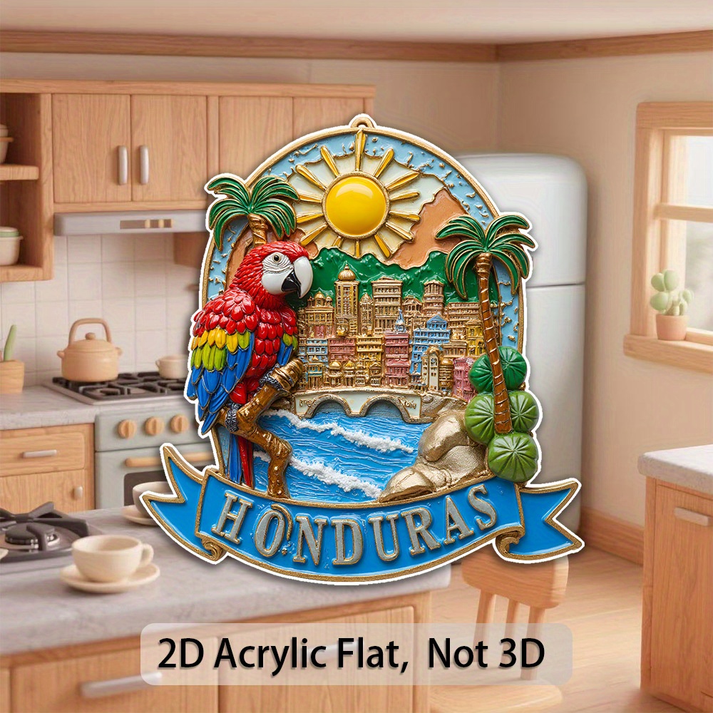 TEMU Imán de refrigerador acrílico 2D para entusiastas de los viajes y coleccionistas - Imán con temática con diseño de loros, palmeras y paisaje de