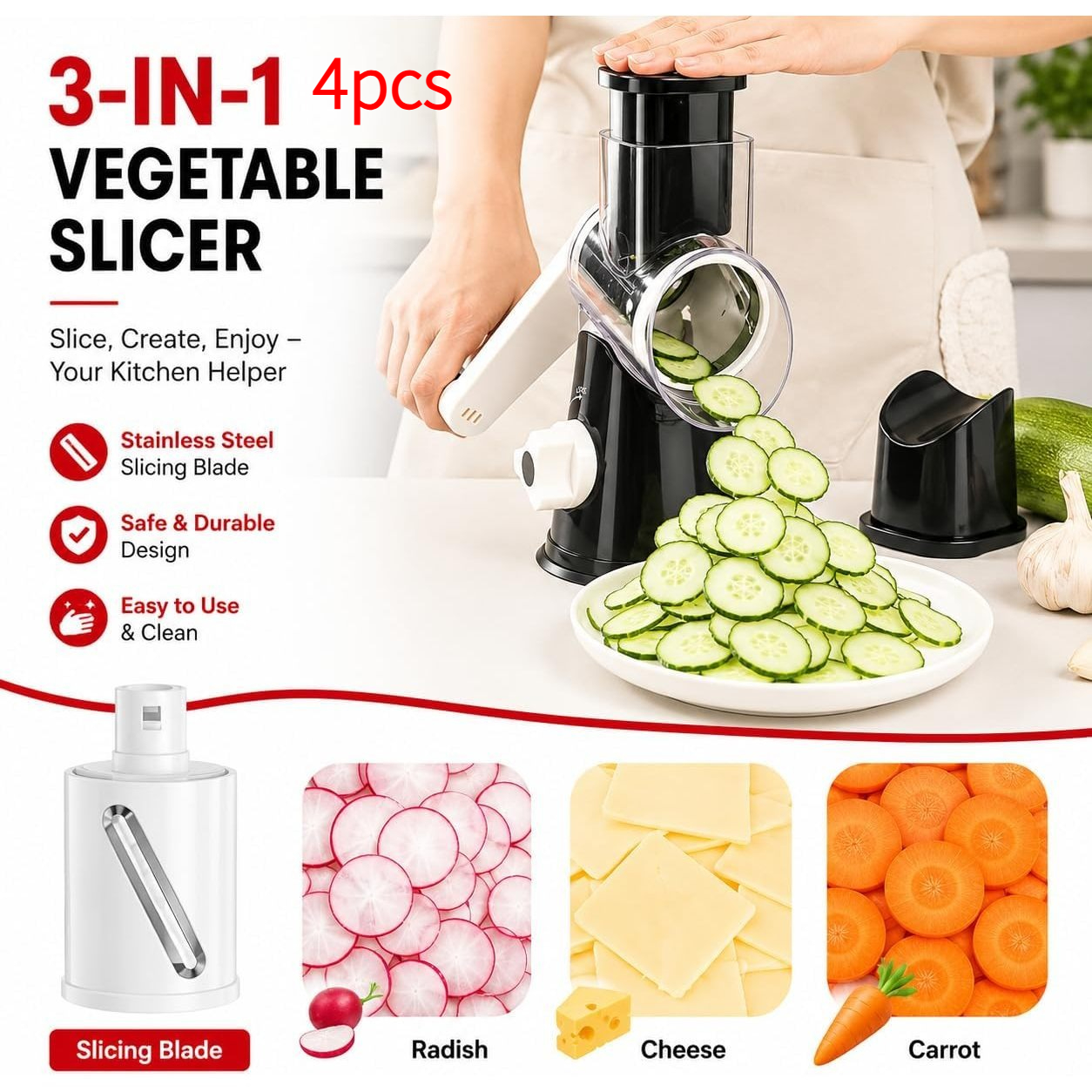 TEMU 1 Set (1pc Roller Cutter And 3pcs ) Hand-cranked Rotary Cheese Grater - Suction Cup Base And Ergonomic Handle Cheese Grater | Vegetable Slicer,