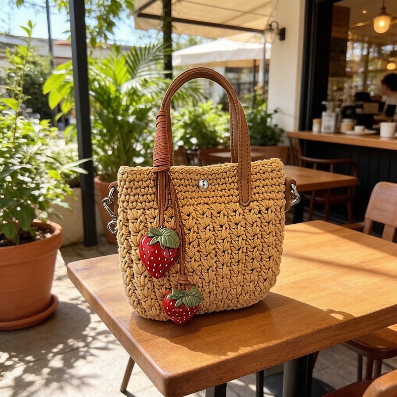 Image of Strawberry Charm Woven Bucket Bag Women's Easy And Shoulder Crossbody Bag Fashion Commuter Bag